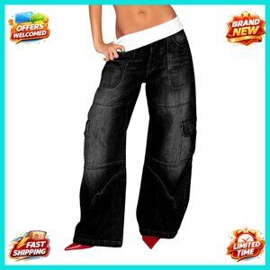 Women's Baggy Barrel Jeans Elastic High Waisted Wide Leg Cargo Y2K Casual